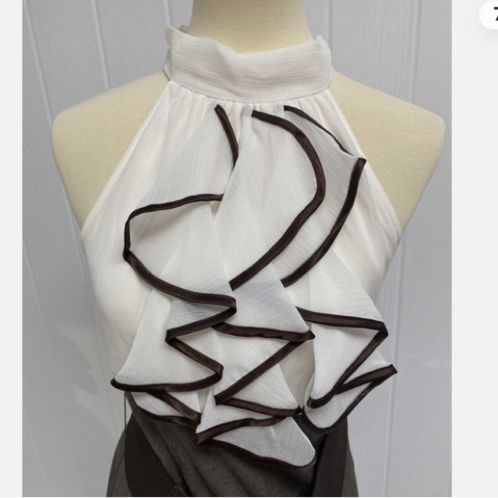 Iz Byer Cream and Brown Dress with Ruffles